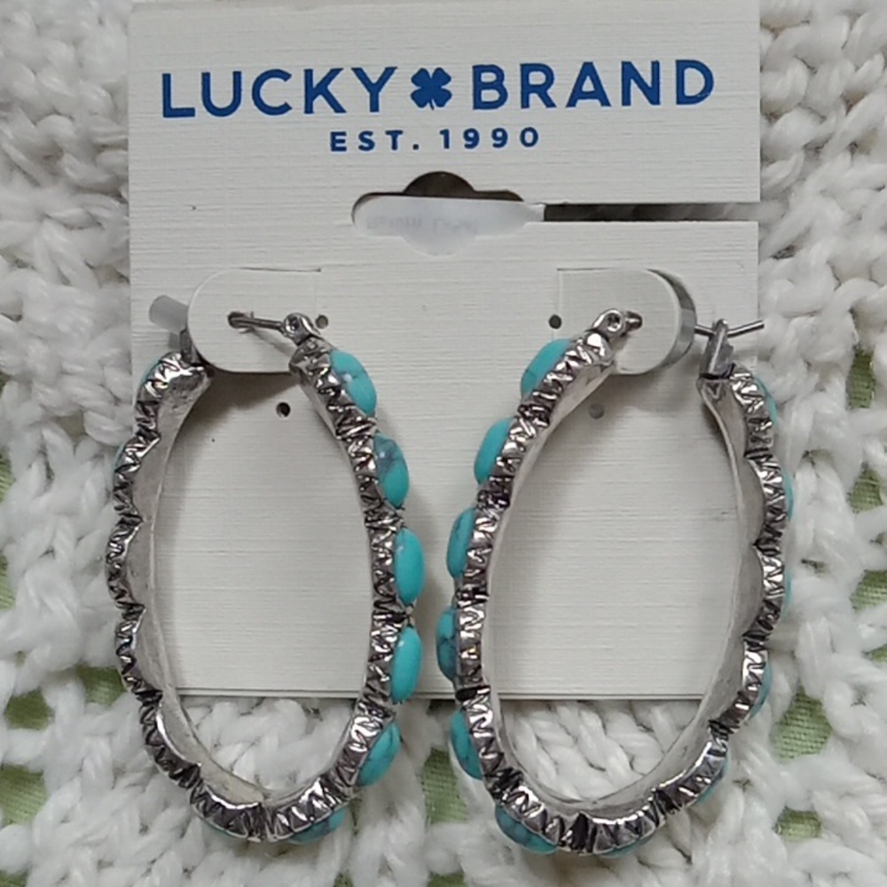 NWT Lucky Brand Blue Turquoise Howlite Foil Oblong Hoops Style Pierce Earrings